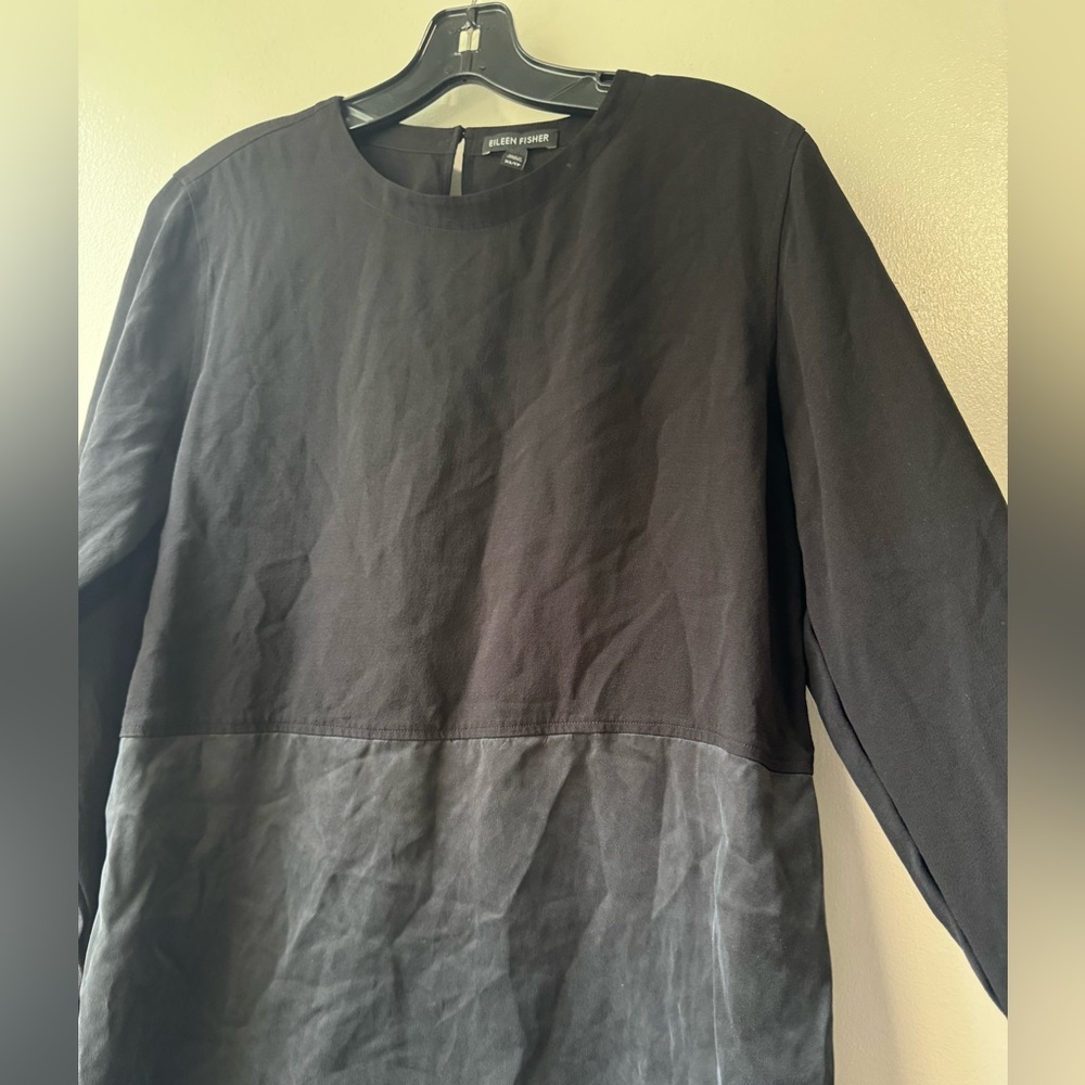 Eileen Fisher Deep Hemlock Black Mixed Silk Crepe Tunic Long Sleeve Blouse - Picture 4 of 13
